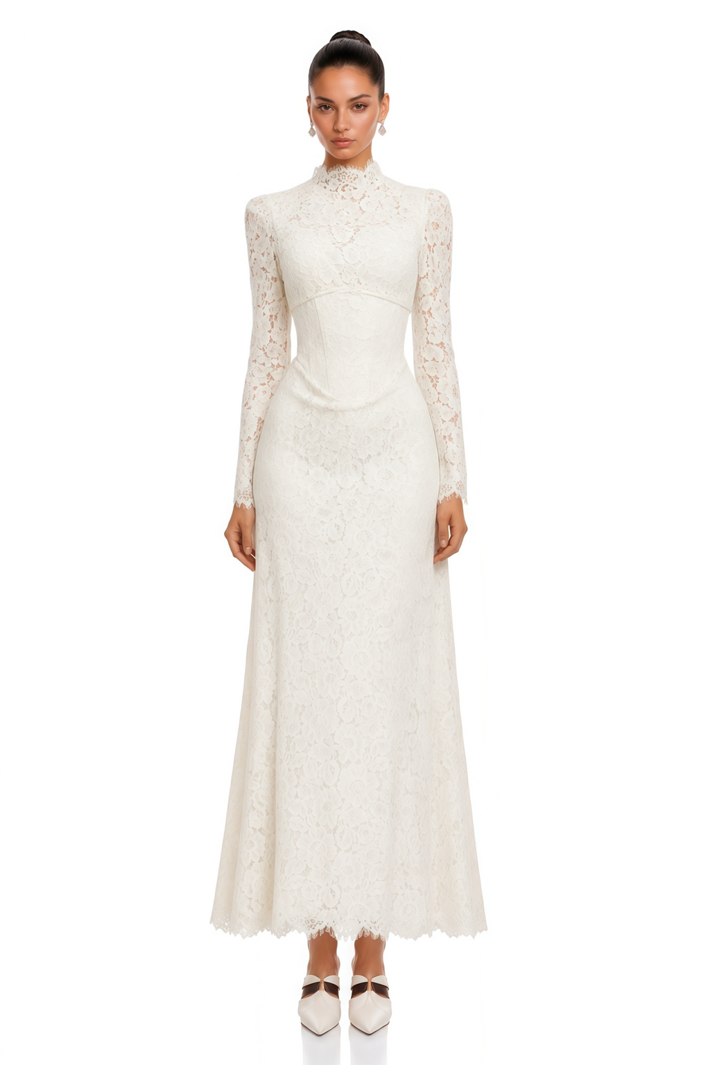 Maggie Ivory High Neck Floral Lace Maxi Dress