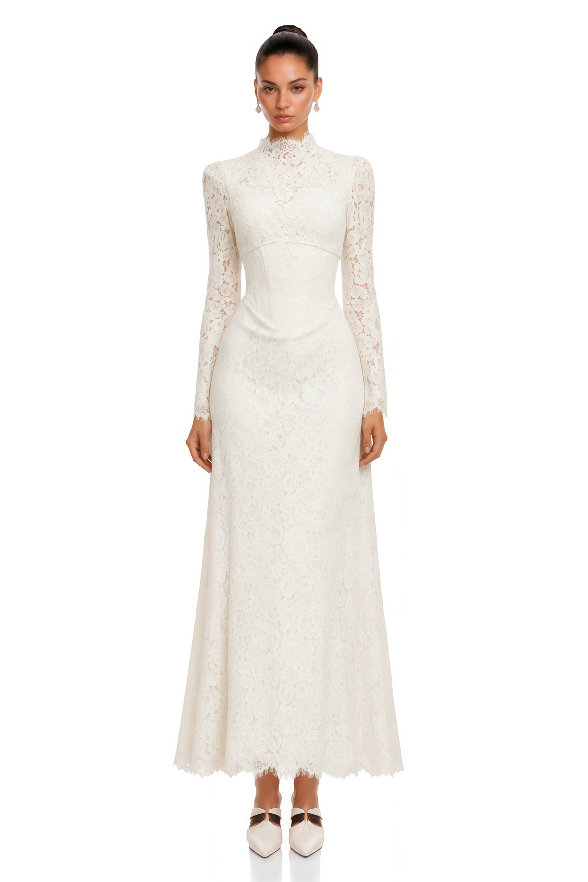 Maggie Ivory High Neck Floral Lace Maxi Dress