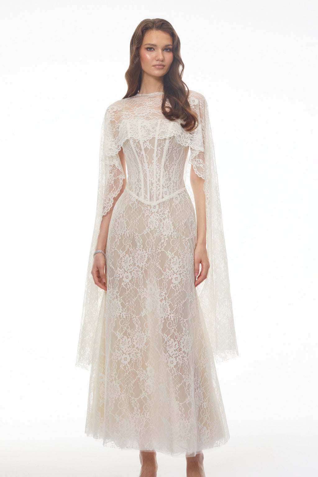 Cinzia Beige Sweetheart Lace Maxi Dress