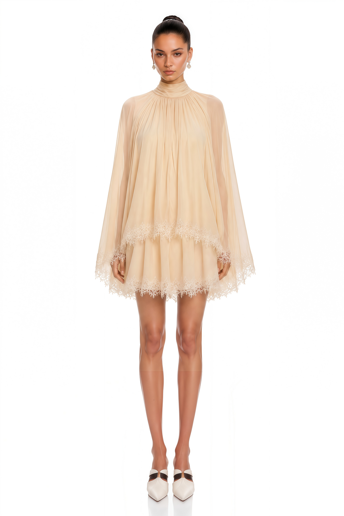 Consuela Neutral Pleated Mini Dress with Lace Trim