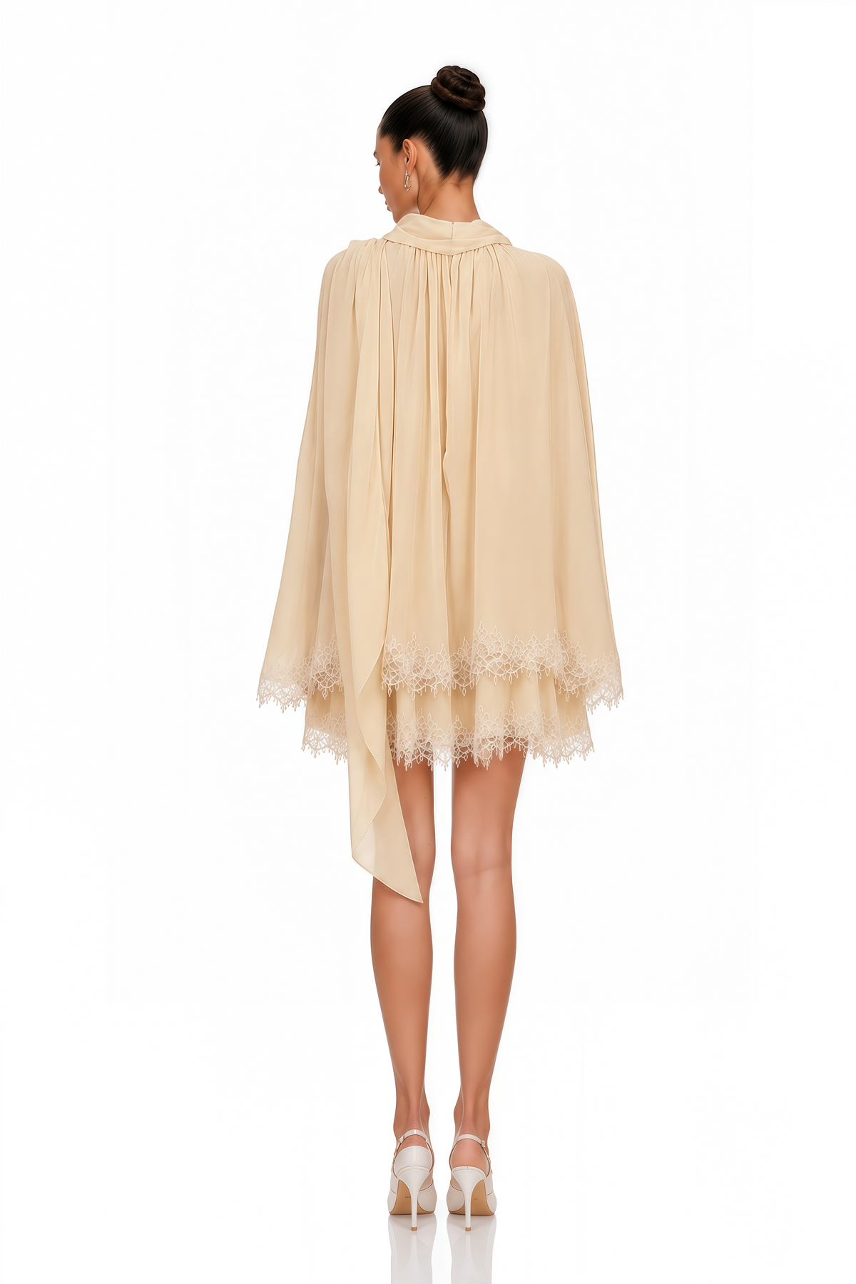 Consuela Neutral Pleated Mini Dress with Lace Trim
