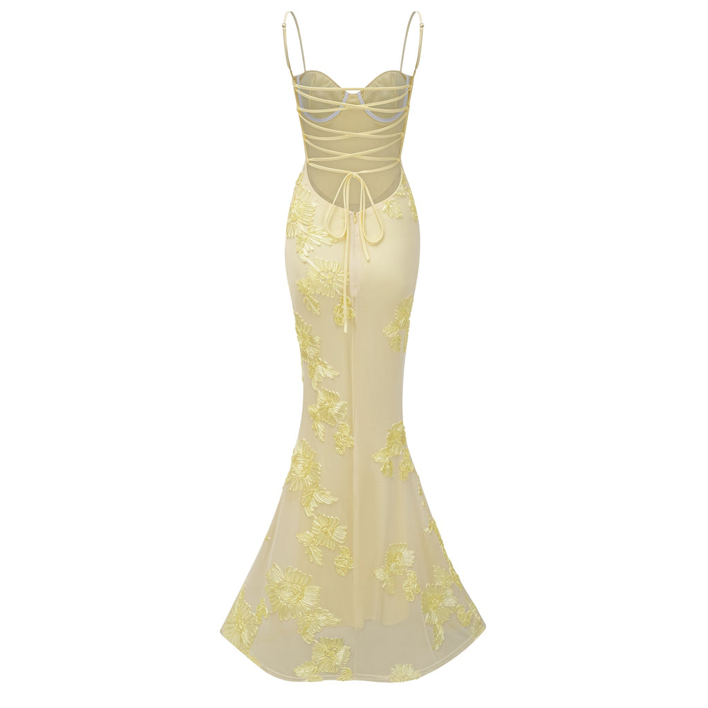 Théoline Yellow Floral Appliqué Corset Maxi Dress