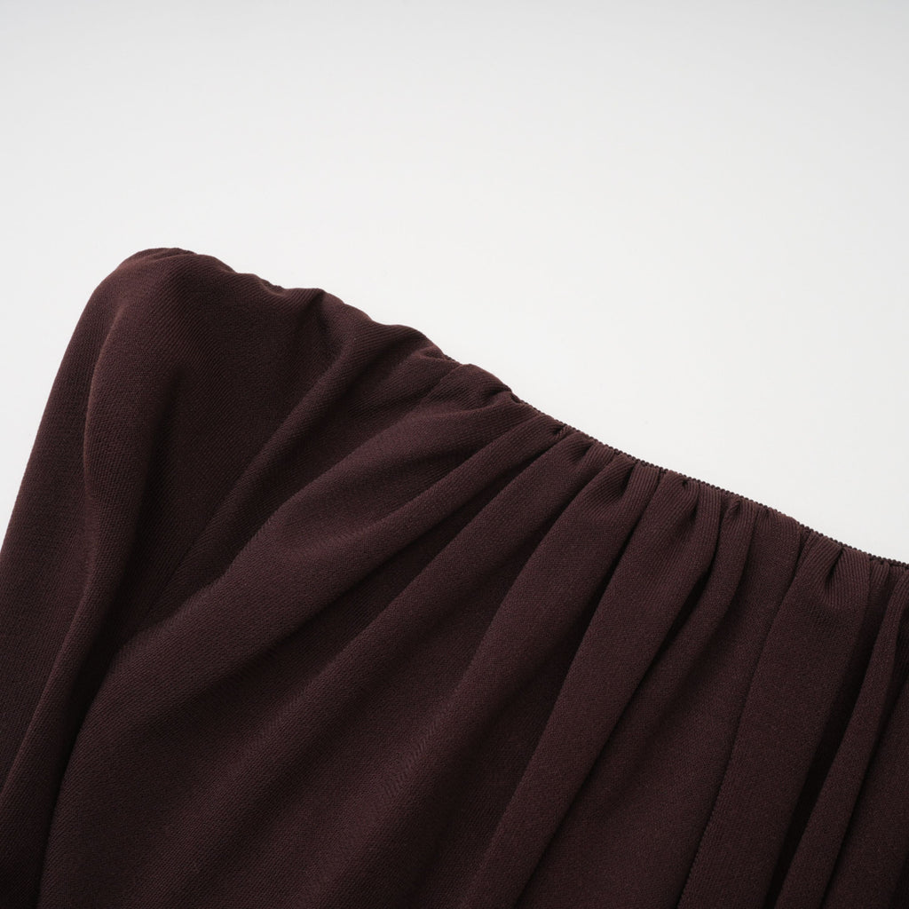 Honoria Chocolate Brown Off Shoulder Maxi Dress
