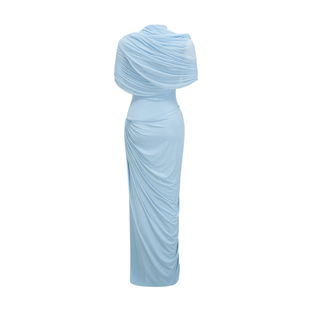 Catherine Asymmetrical Pleated Maxi Dress in Baby-blue