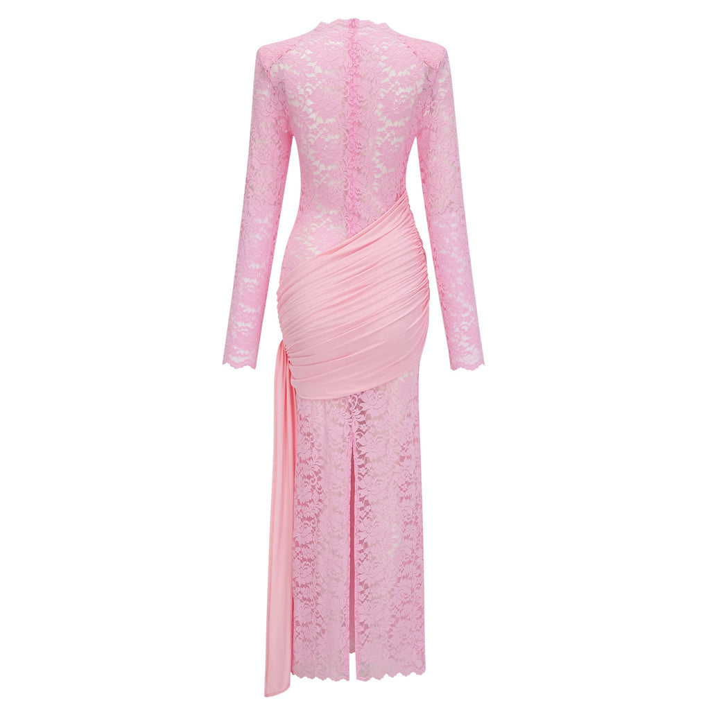 Nuria Pink Ribbon Detail Floral Lace Midi Dress