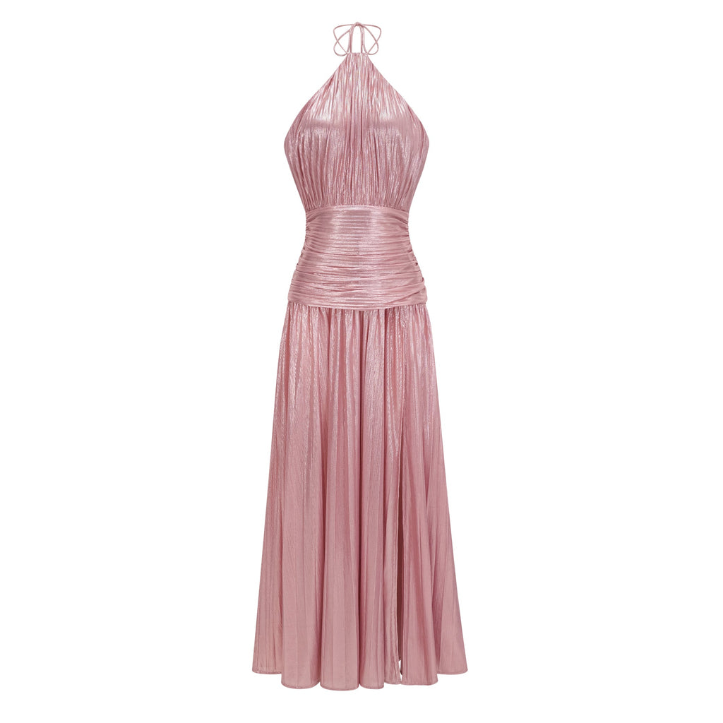Alchimie Pink Glossy Pleated Maxi Dress