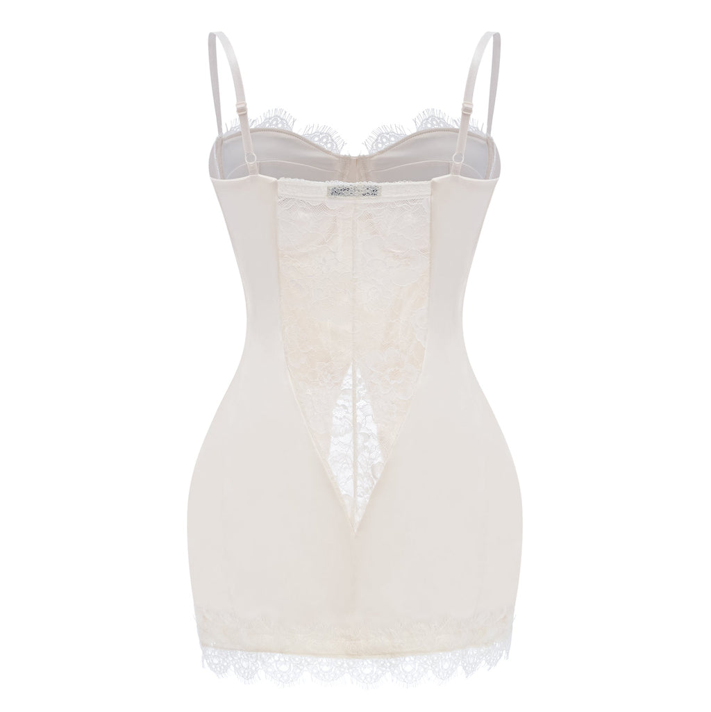 Juliette White Satin Mini Dress with Lace Panels