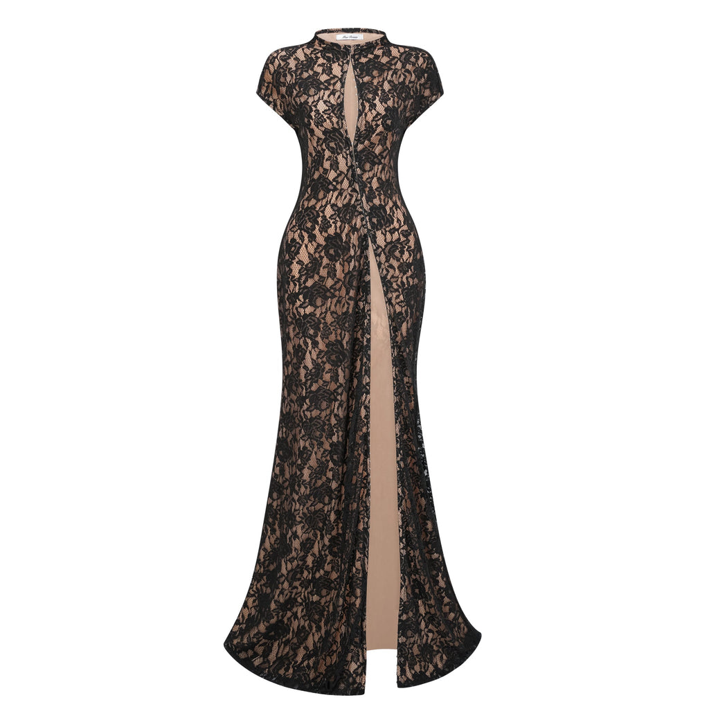 Andrea Black Keyhole Lace Maxi Dress with High Thigh Slit