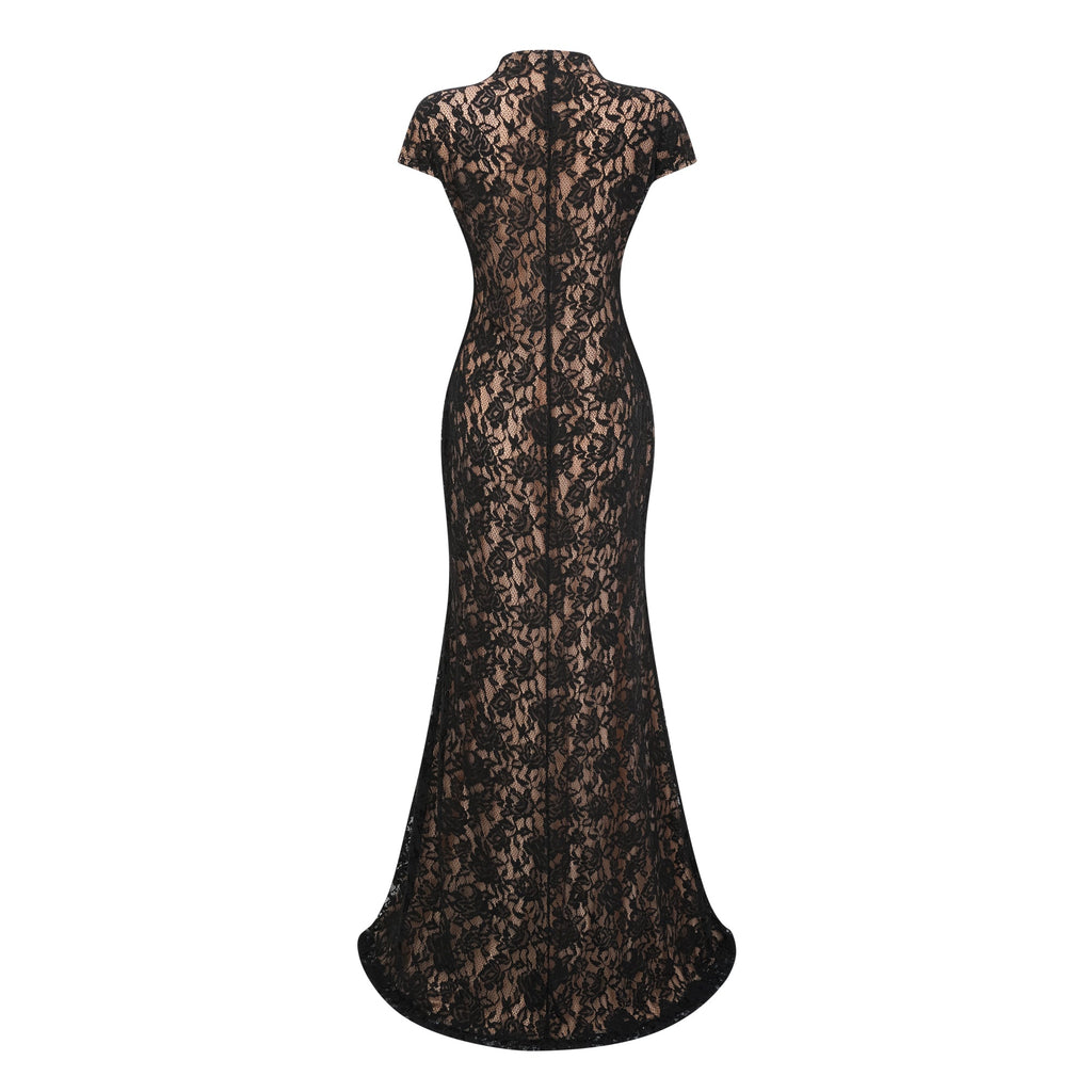 Andrea Black Keyhole Lace Maxi Dress with High Thigh Slit