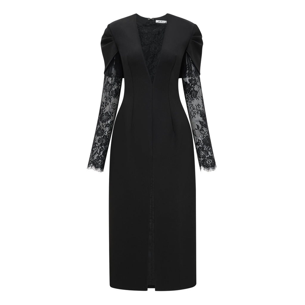 Rhea Black High Slit Lace Panel Midi Dress