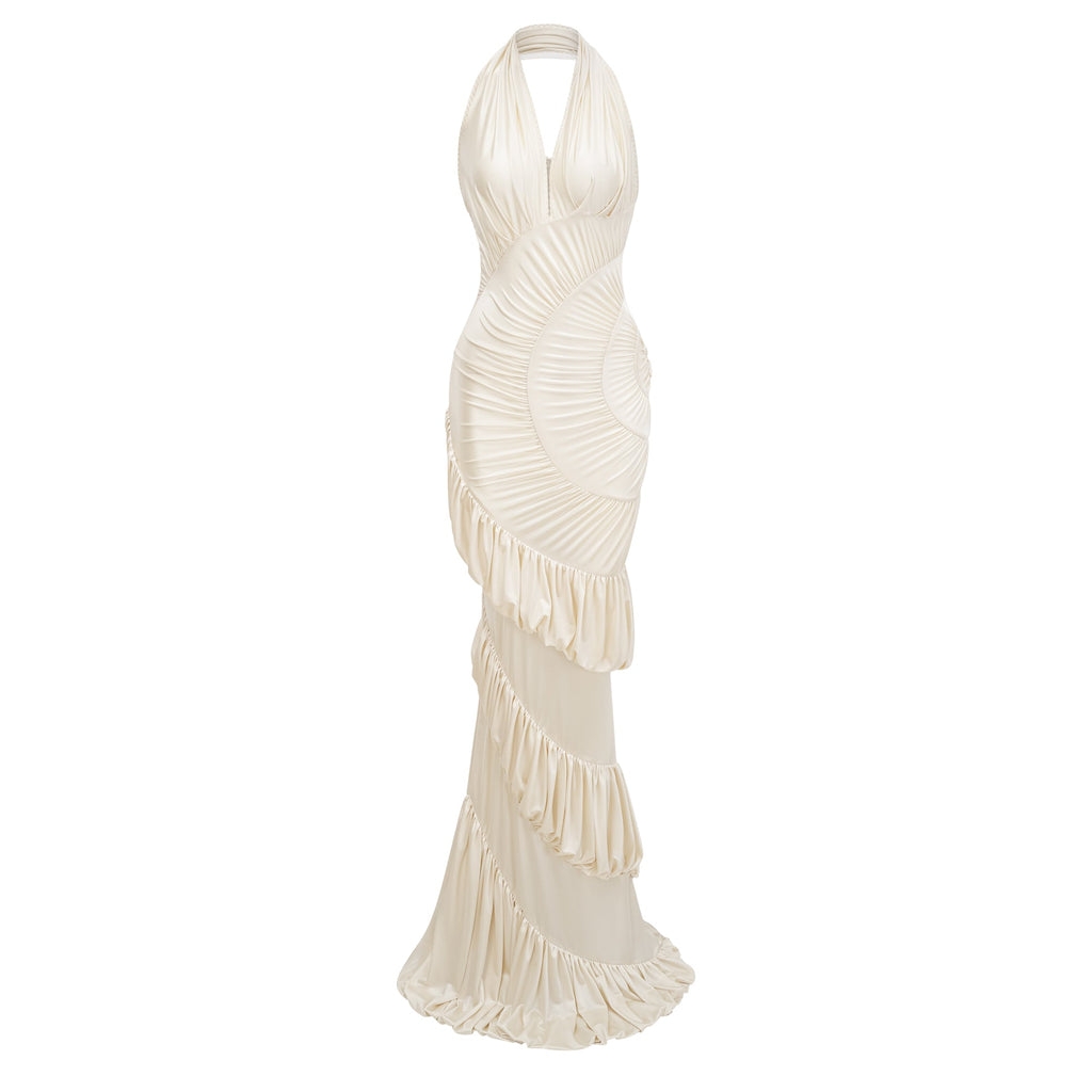 Vilhelmiina Cream White Halterneck Shirred Maxi Dress