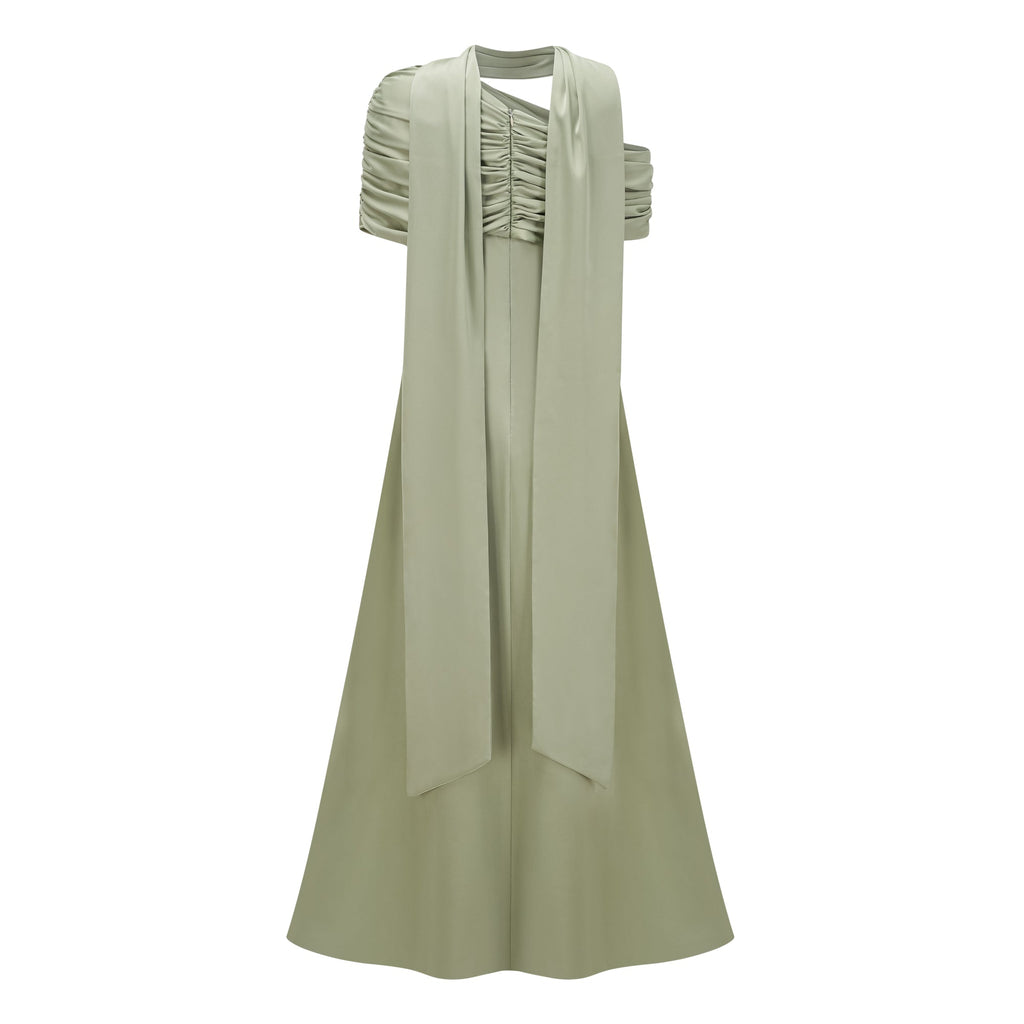 Benedetta Green One Shoulder Satin Maxi Dress