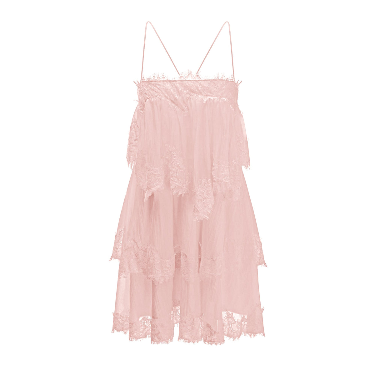 Rachel Pink Tiered Mini Dress with Lace Trim