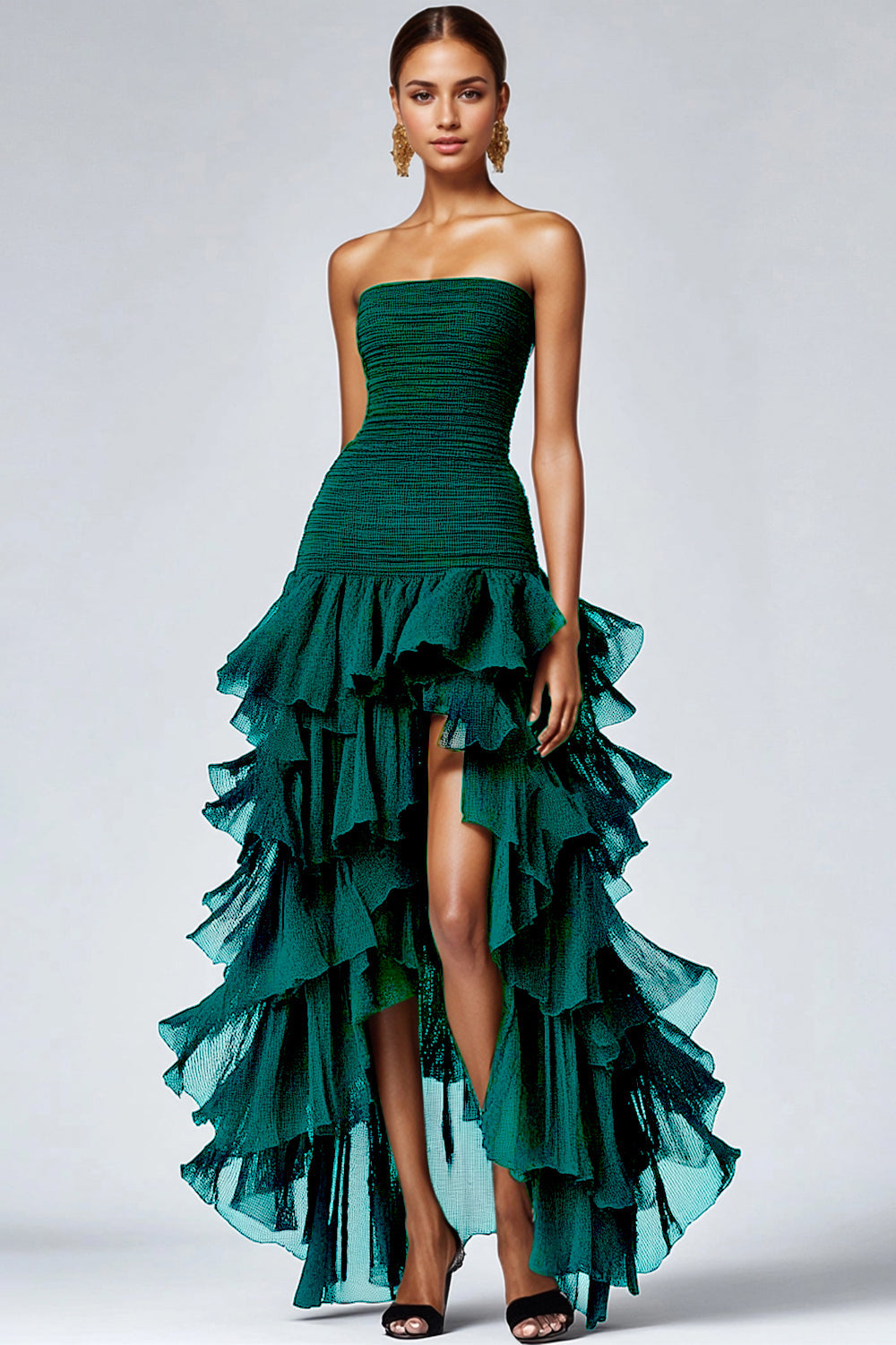A Line Black Strapless Tiered Formal Dress with Slit