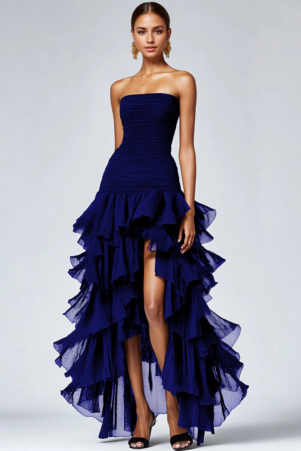 A Line Black Strapless Tiered Formal Dress with Slit