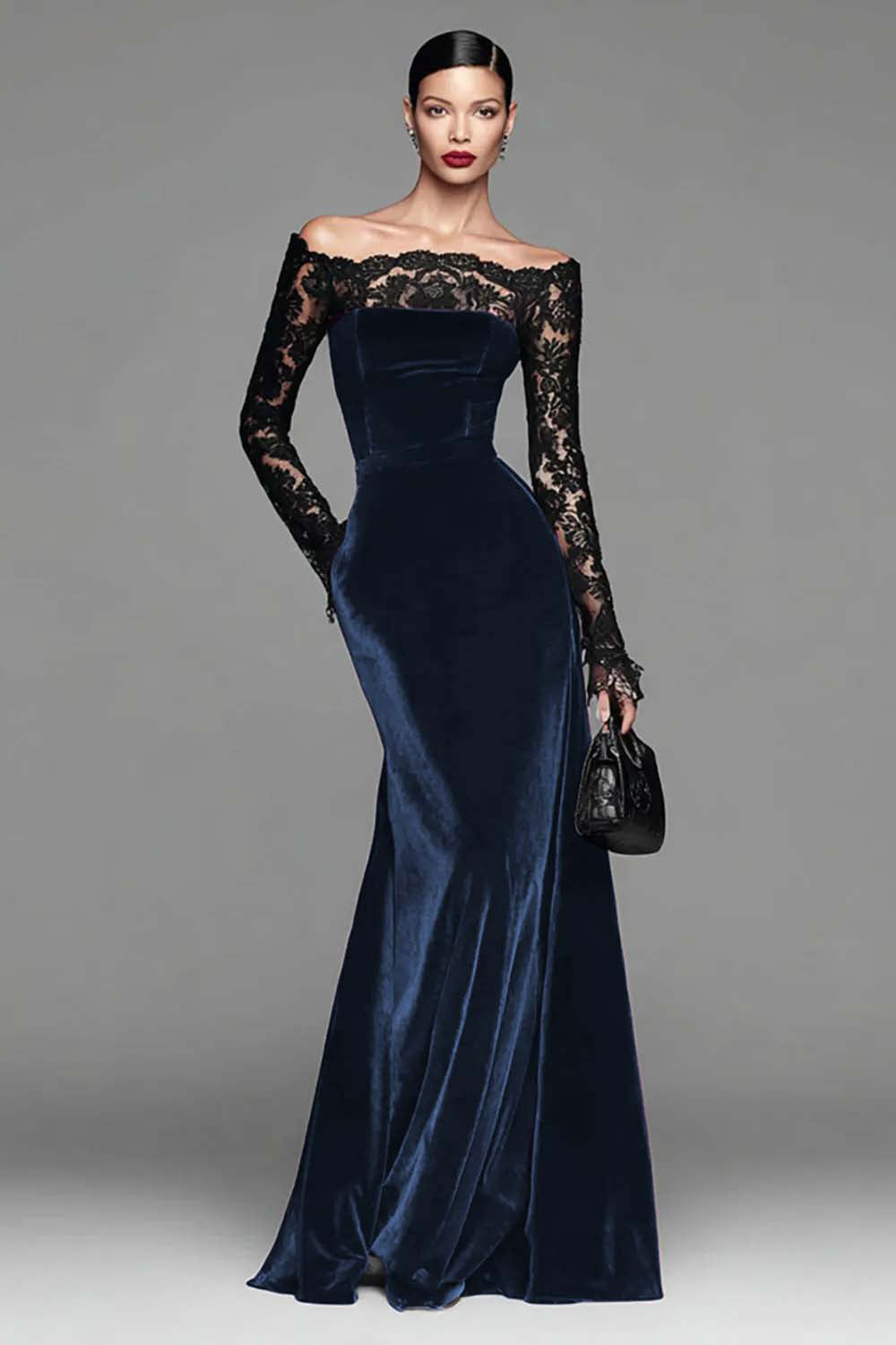 Burgundy Velvet Lace Off the Shoulder Mermaid Long Sleeves Formal Dress