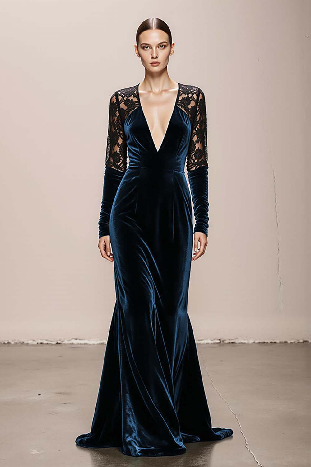 Dark Green V-Neck Velvet Mermaid Long Formal Dress with Lace