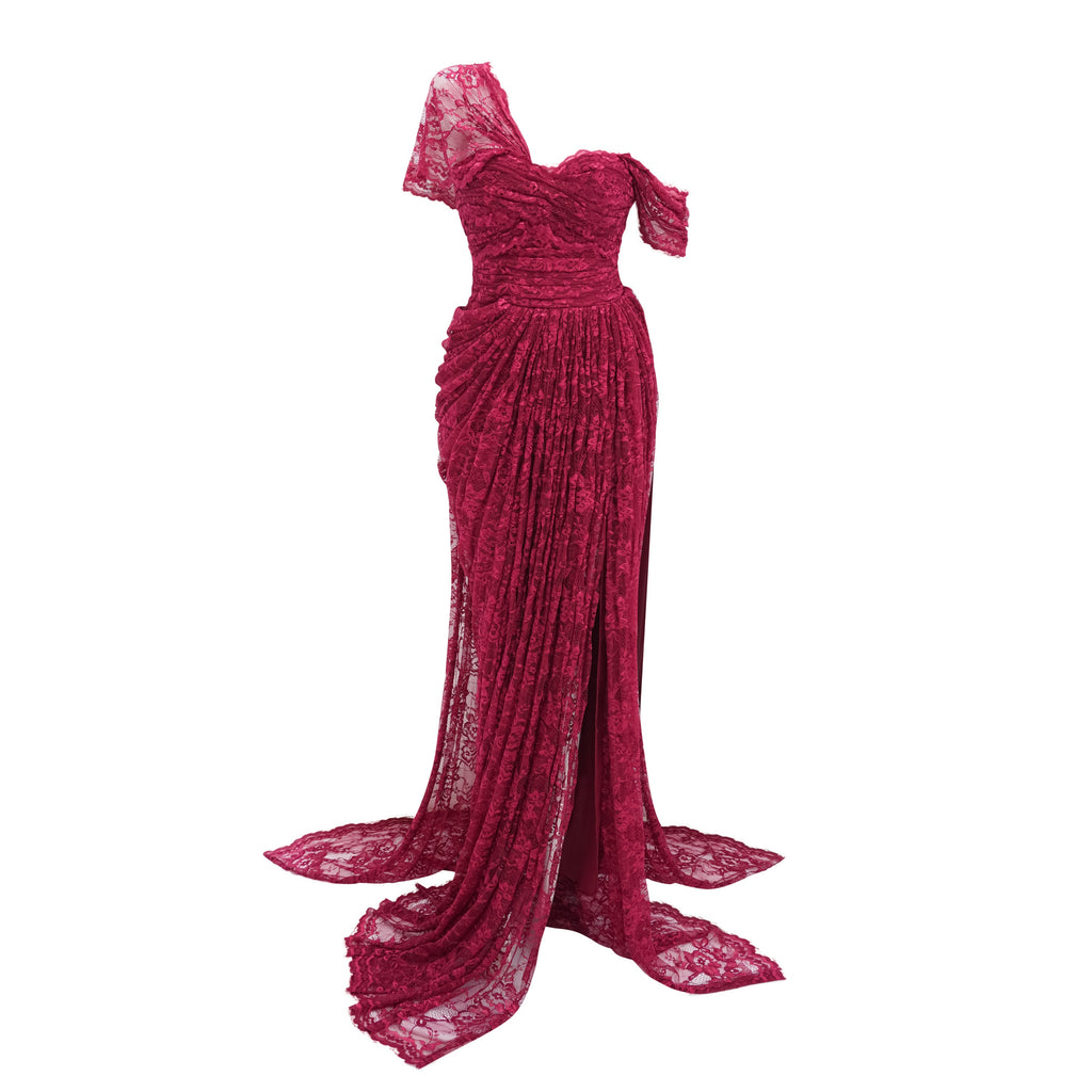 Defne Burgundy One Shoulder Ruched Lace Maxi Dress