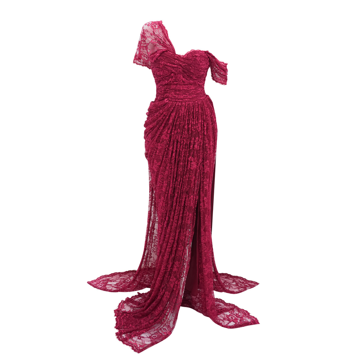 Defne Burgundy One Shoulder Ruched Lace Maxi Dress