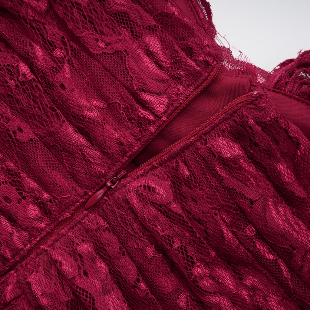 Defne Burgundy One Shoulder Ruched Lace Maxi Dress