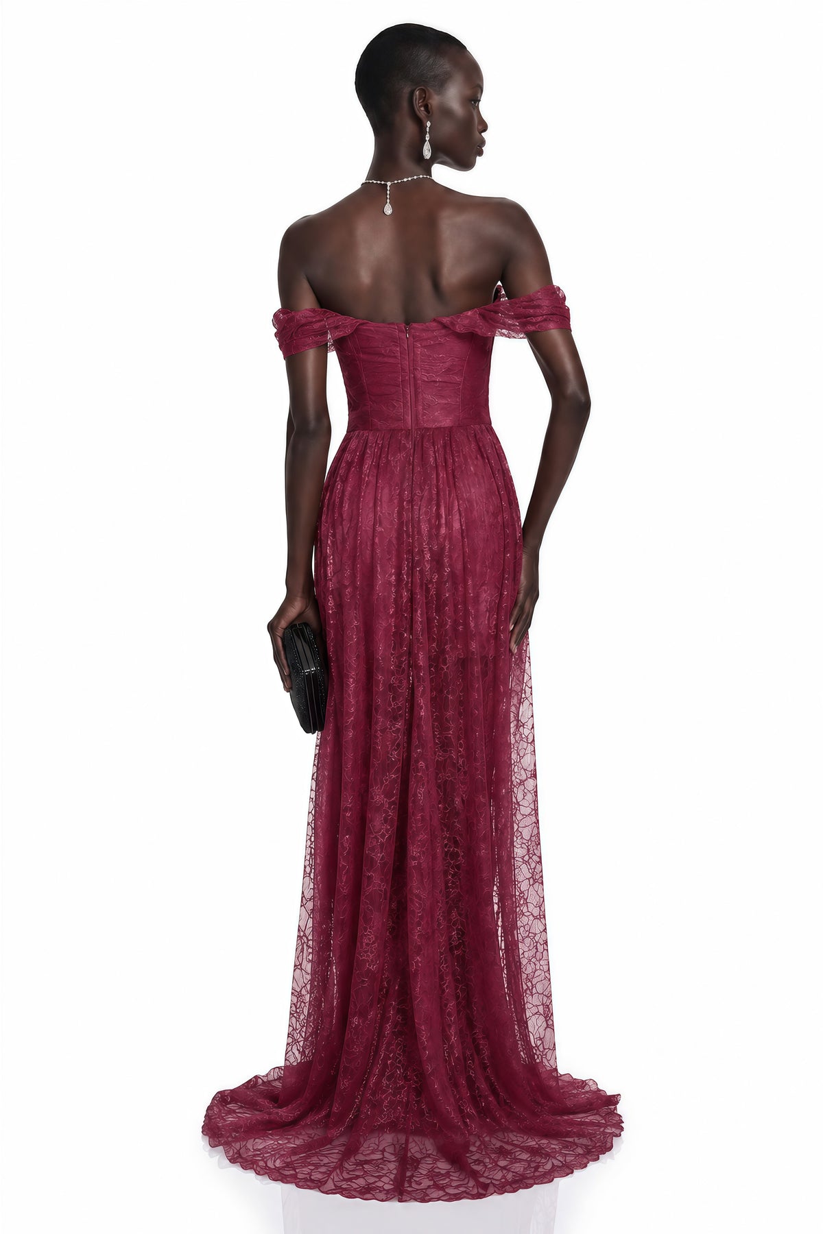 Defne Burgundy One Shoulder Ruched Lace Maxi Dress