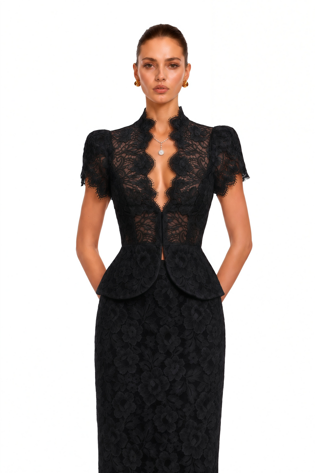 Delilah Black Lace High Neck Peplum Blouse & Skirt Set