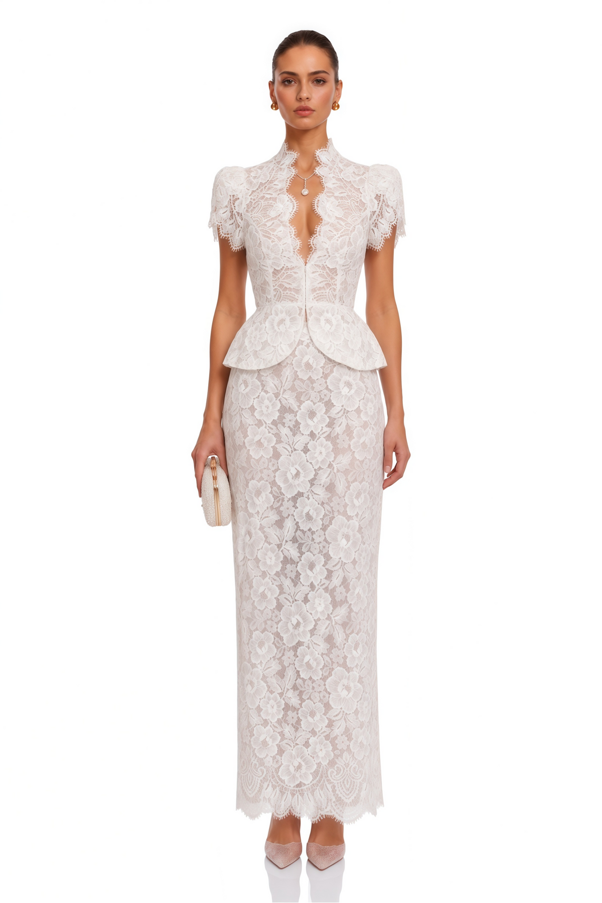 Delilah White Lace High Neck Peplum Blouse & Skirt Set