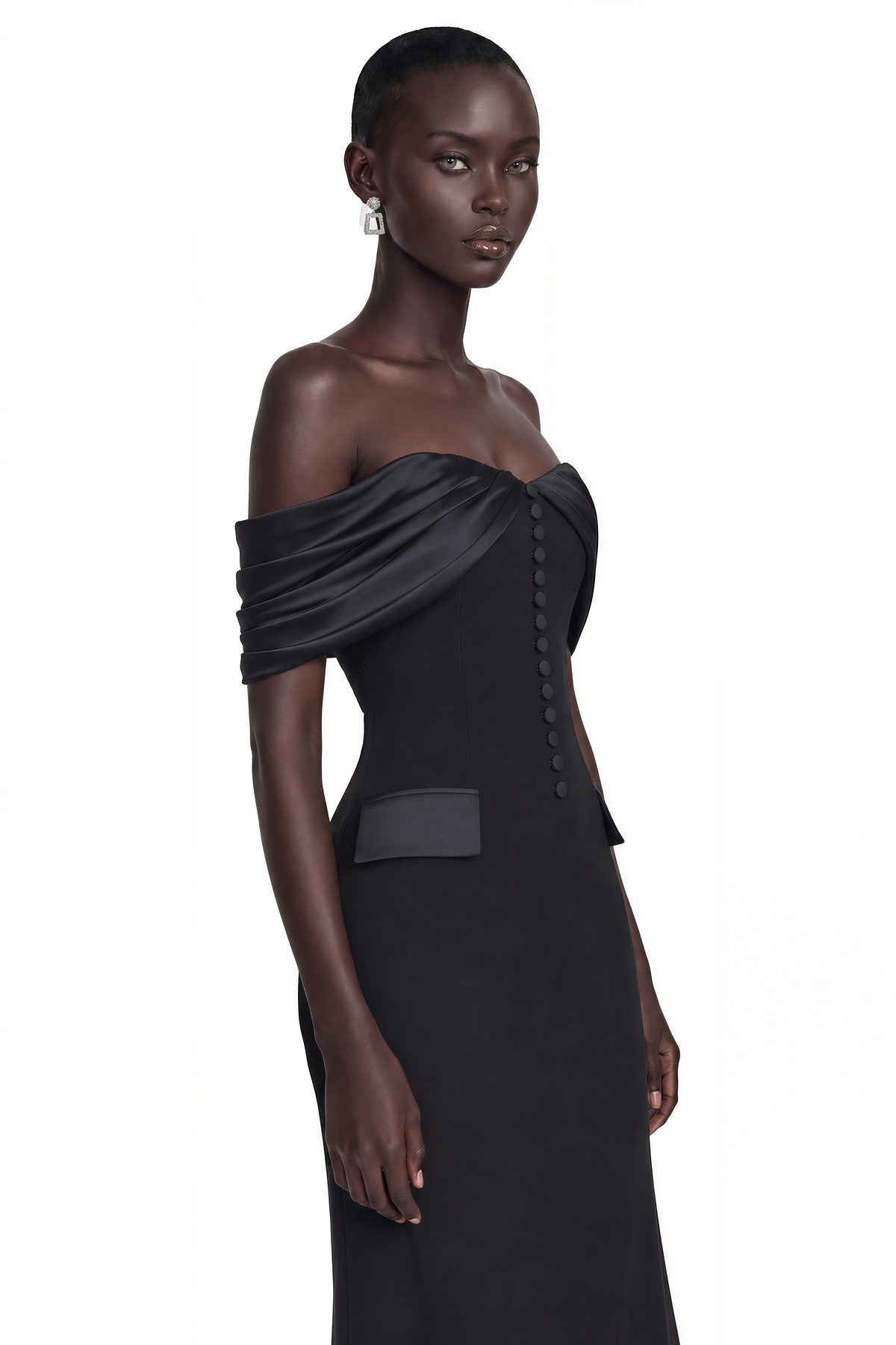 Demetria Black Off Shoulder Maxi Dress with Button Detail