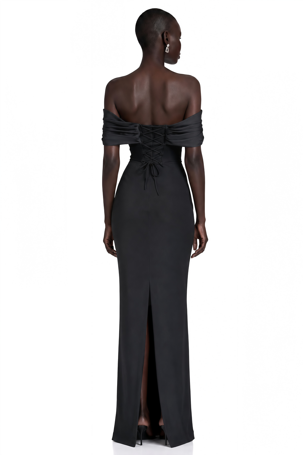 Demetria Black Off Shoulder Maxi Dress with Button Detail