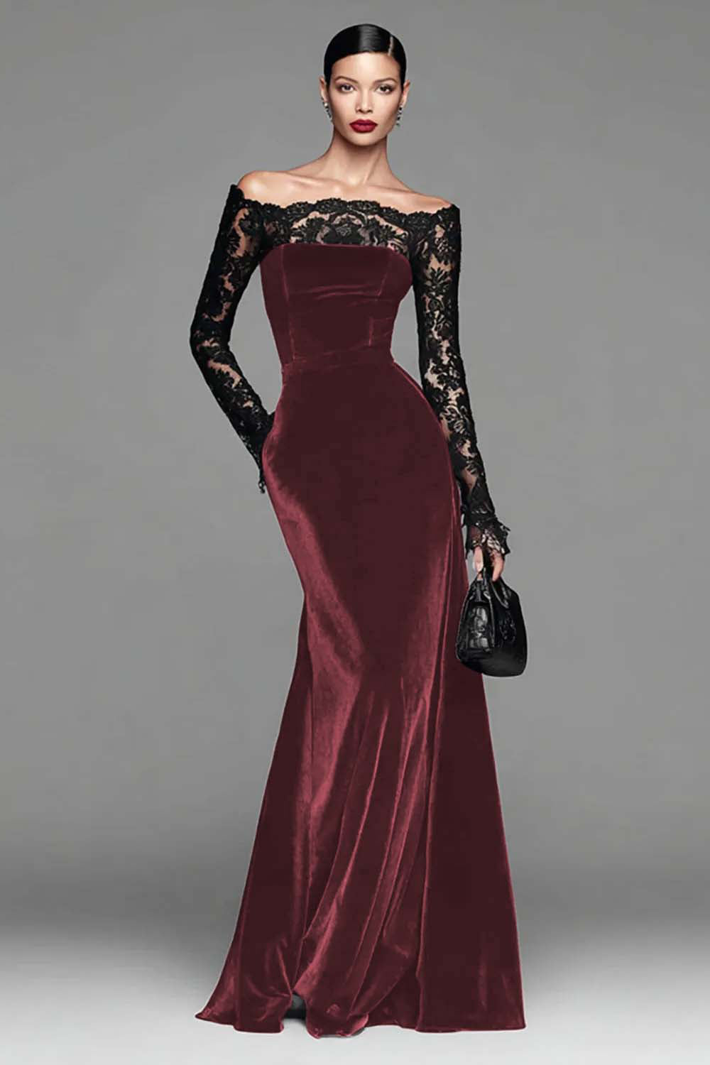 Burgundy Velvet Lace Off the Shoulder Mermaid Long Sleeves Formal Dress