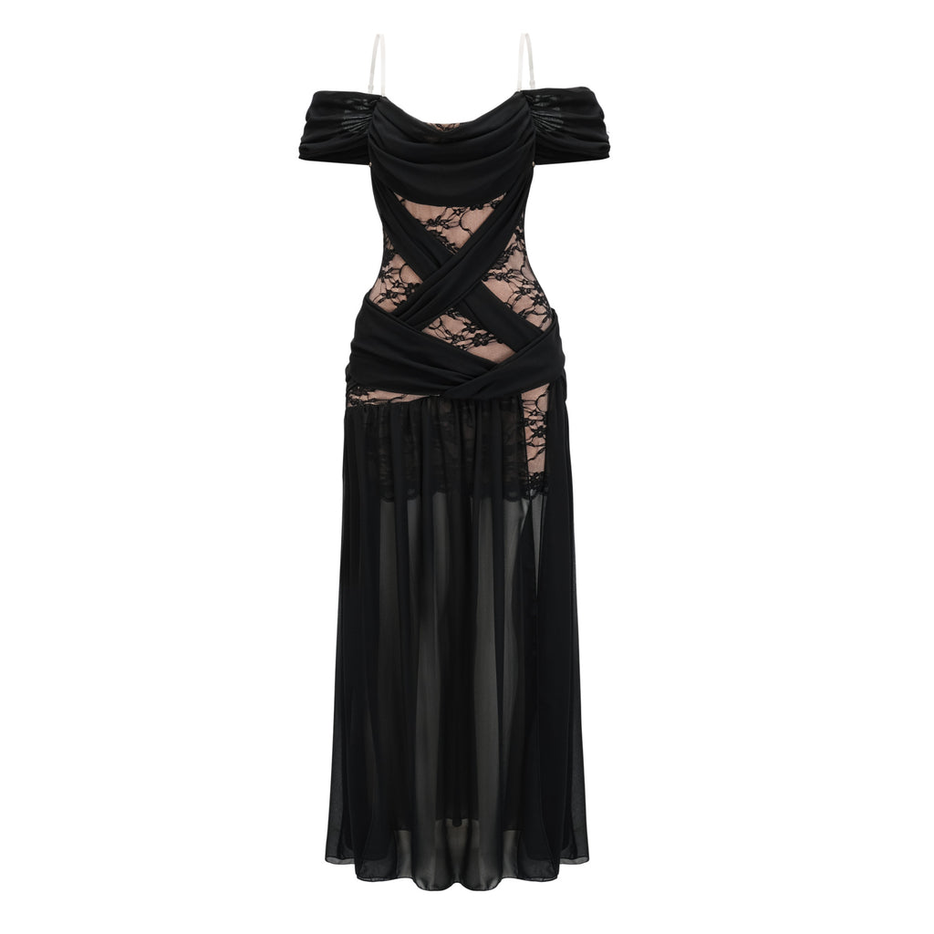 Dildar Black Cross Front Maxi Dress with Lace Panels