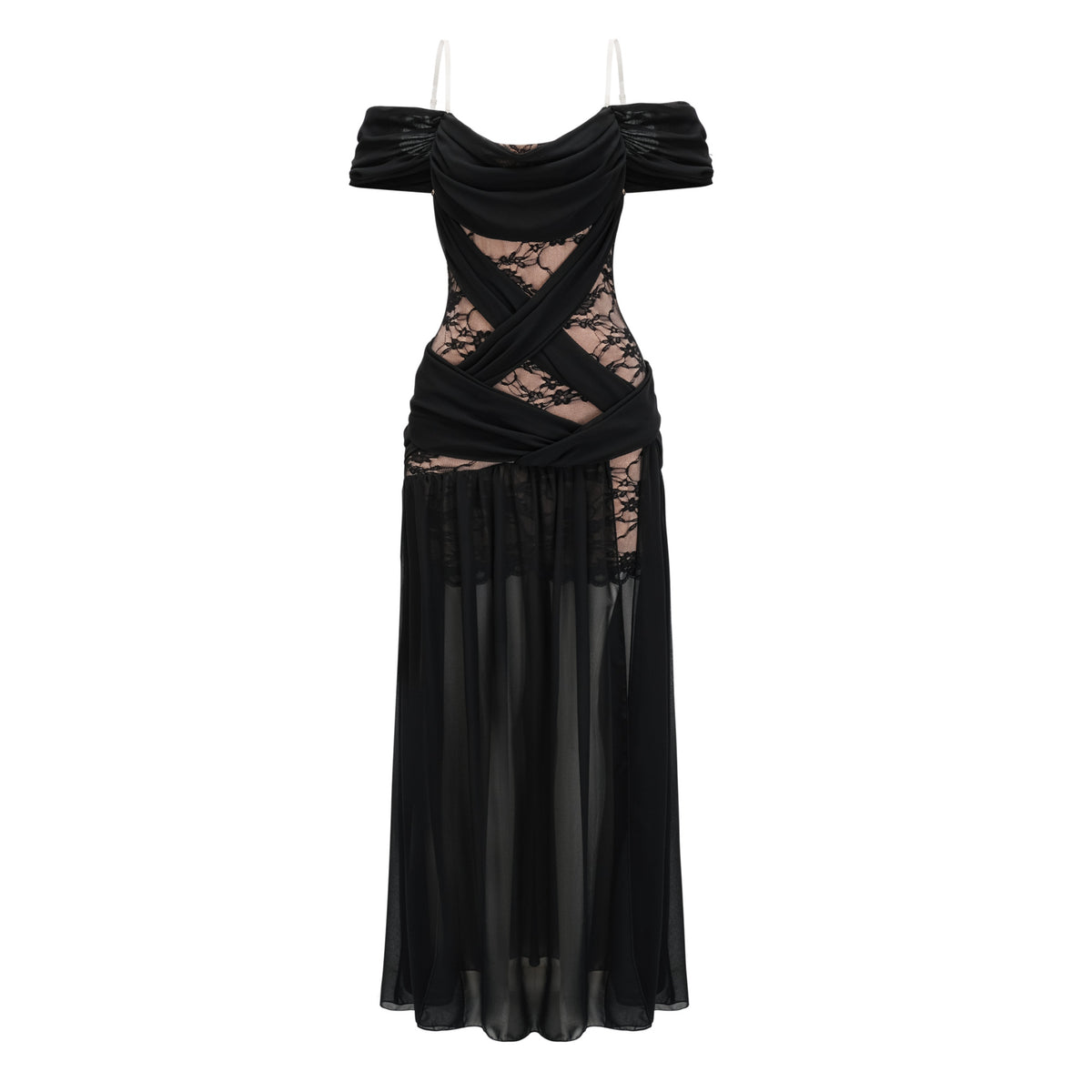 Dildar Black Cross Front Maxi Dress with Lace Panels