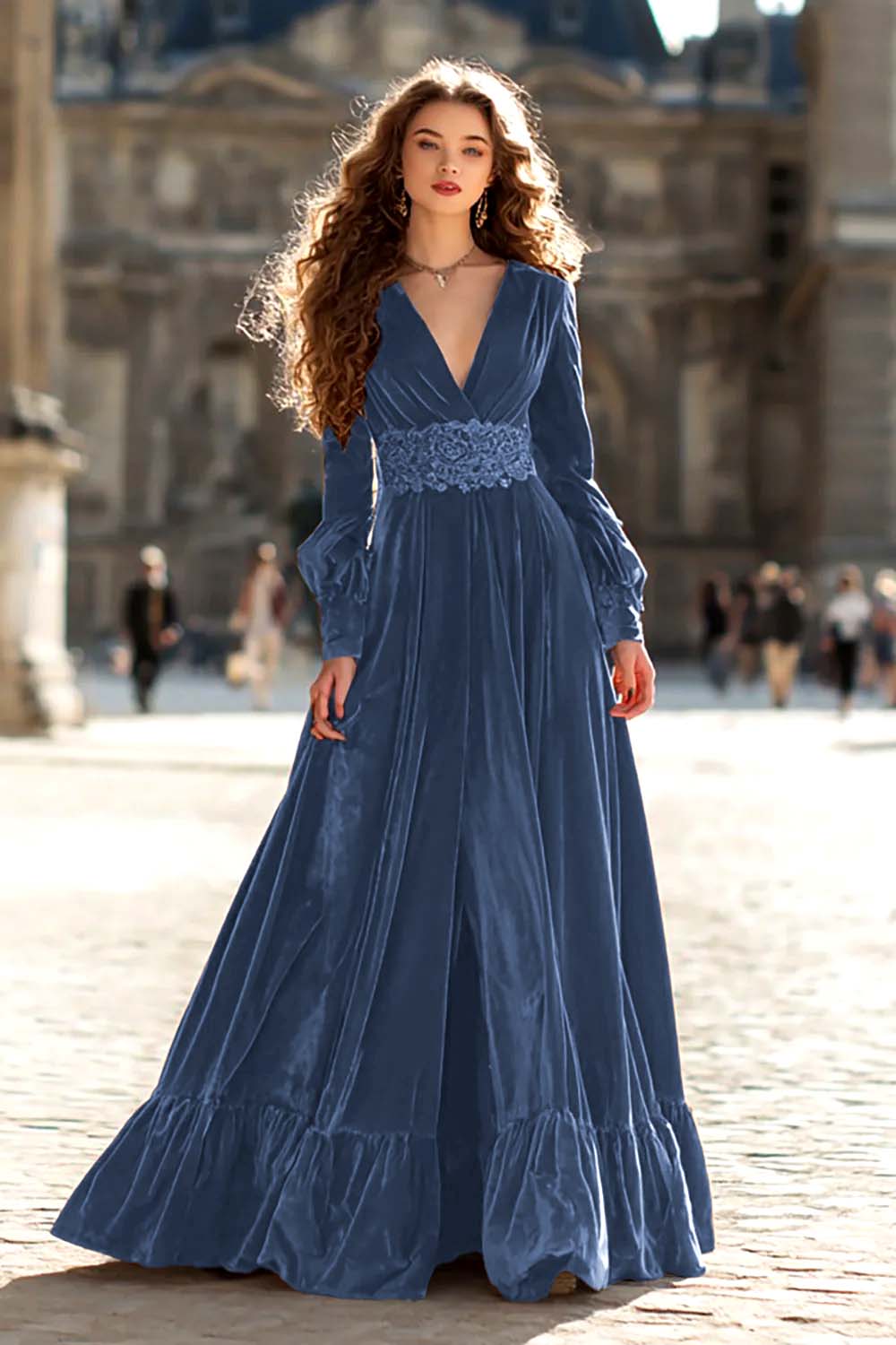 Brown Velvet A Line V-Neck Long Sleeves Formal Dress with Ruffles