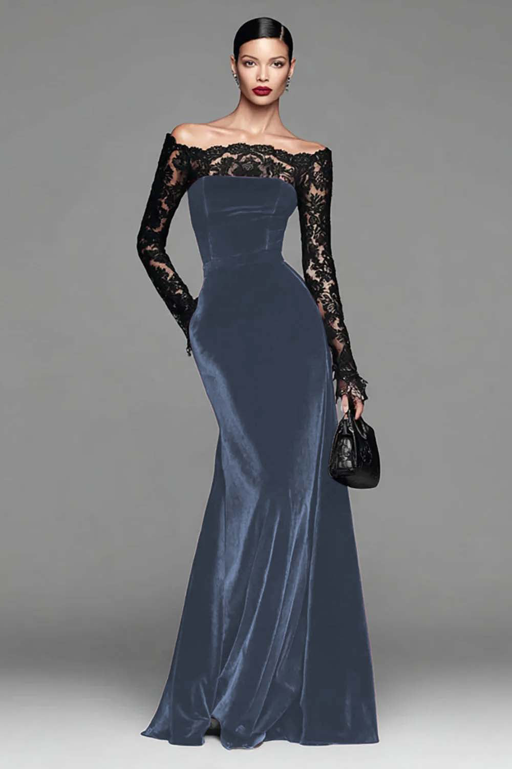 Burgundy Velvet Lace Off the Shoulder Mermaid Long Sleeves Formal Dress