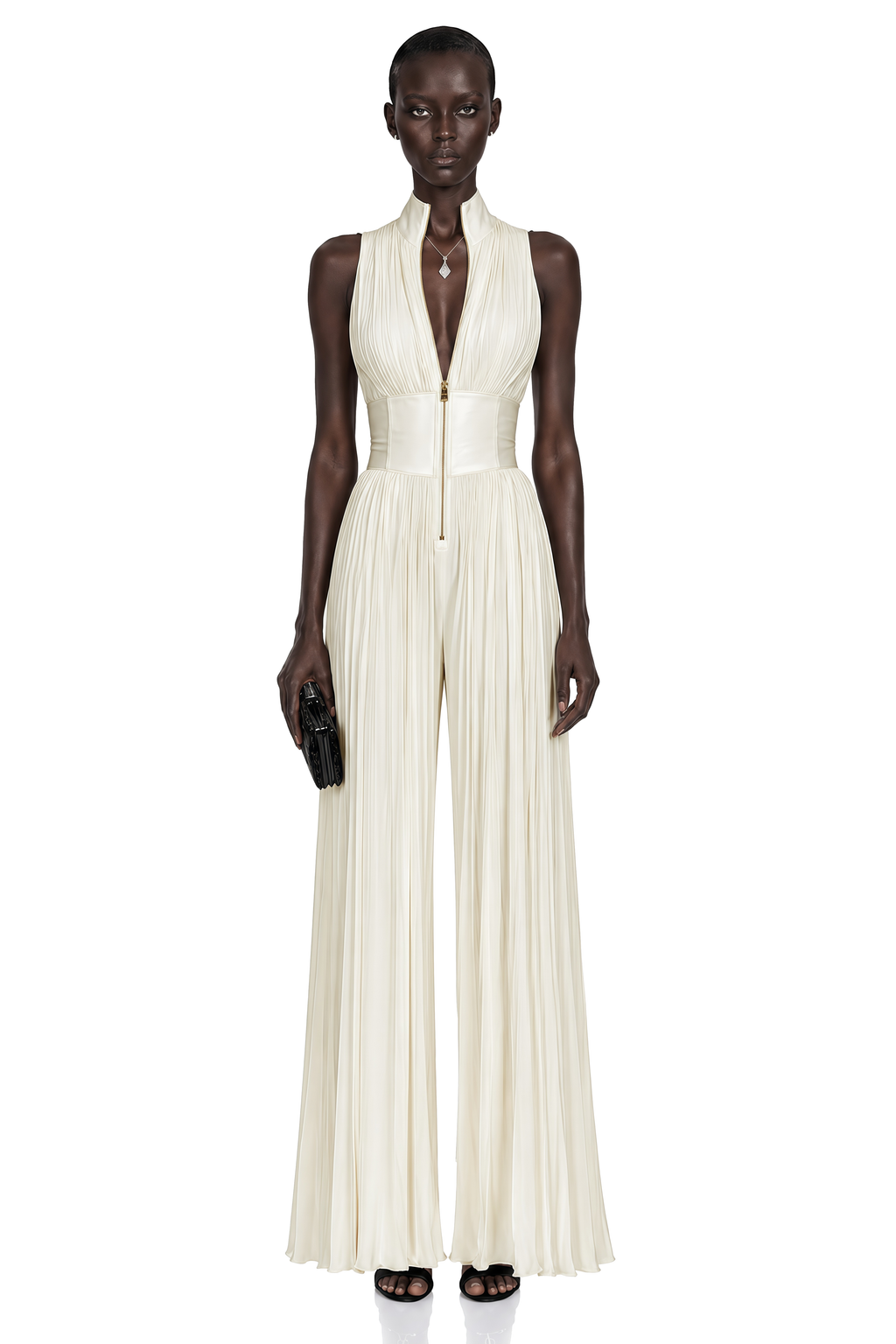 Ecem Cream White Mock Neck Ruched Jumpsuit