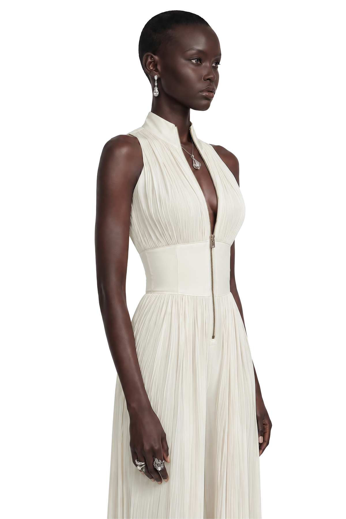 Ecem Cream White Mock Neck Ruched Jumpsuit