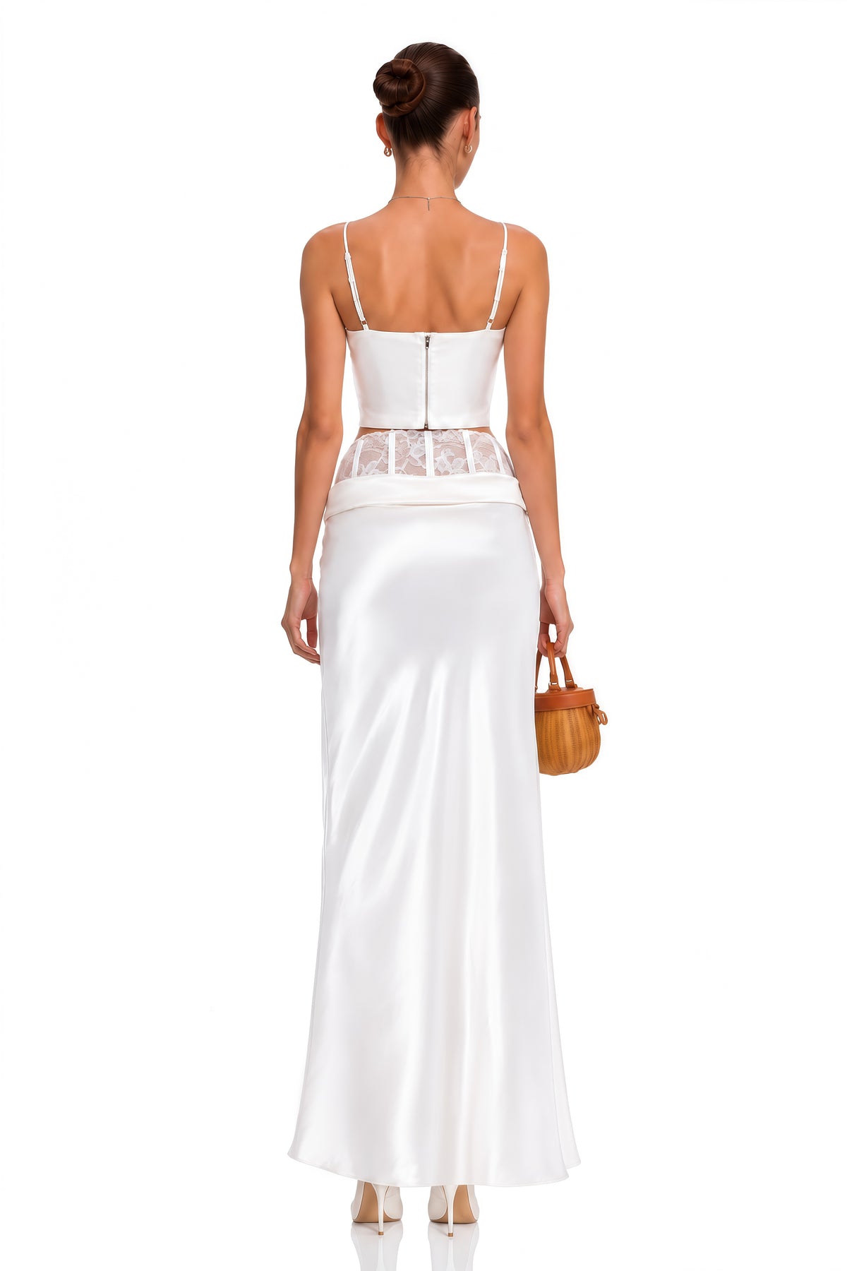 Eeva White Floral Lace Panel Crop Top & Maxi Skirt Set