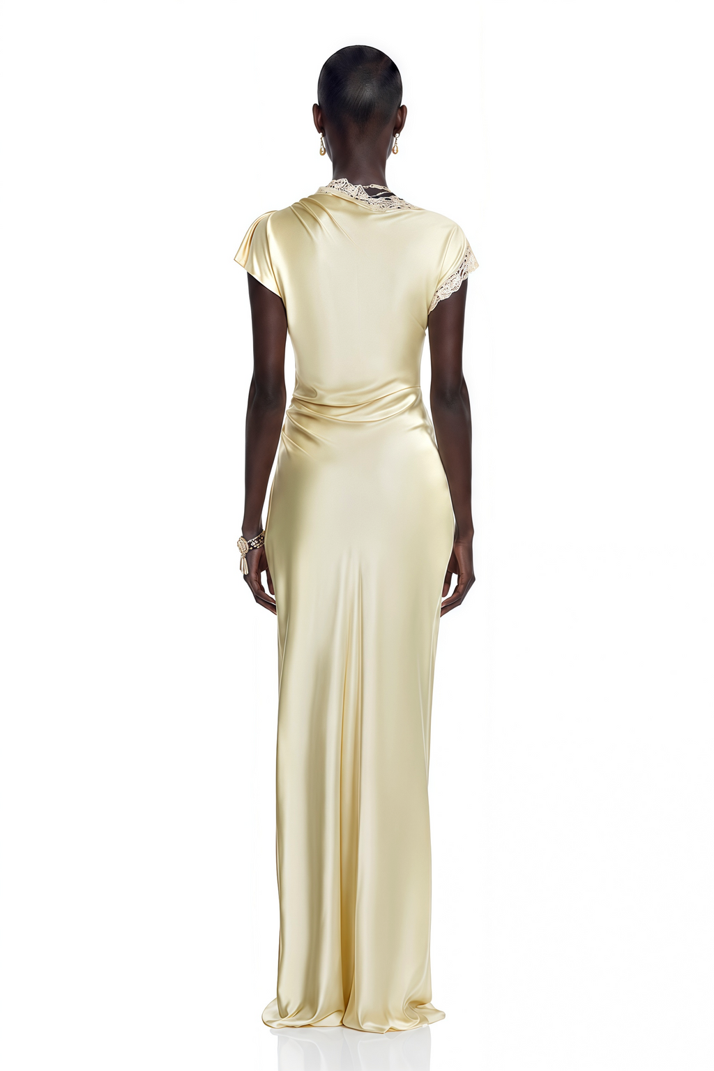 Elowen Yellow Satin Maxi Dress with Lace Trim and Slit