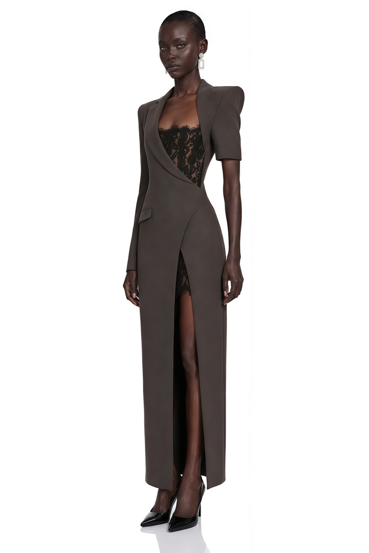 Elowyn Grey Tailored Maxi Dress with Lace Inserts and Slit