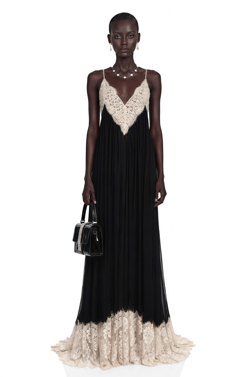 Esme Black Ruffled Maxi Dress with Lace Trim
