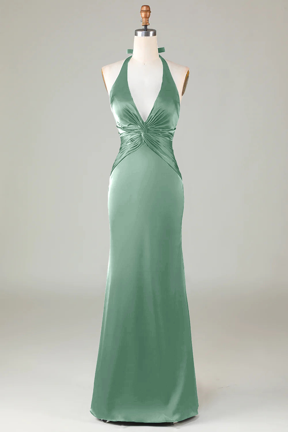 Mermaid Halter Dusty Blue Long Satin Bridesmaid Dress