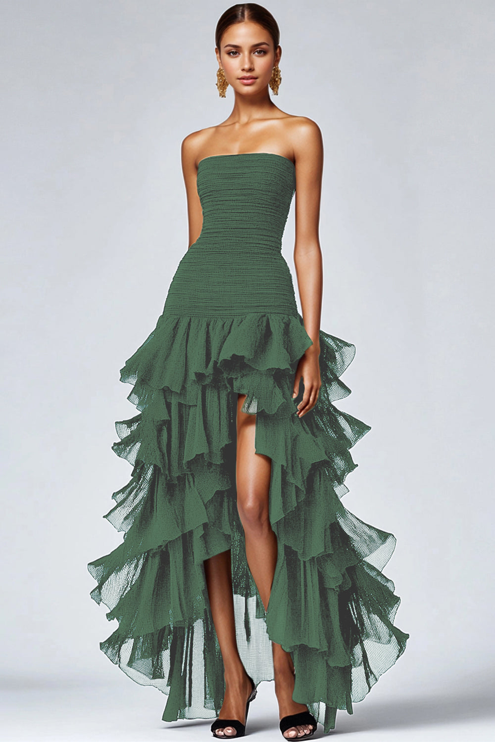 A Line Black Strapless Tiered Formal Dress with Slit