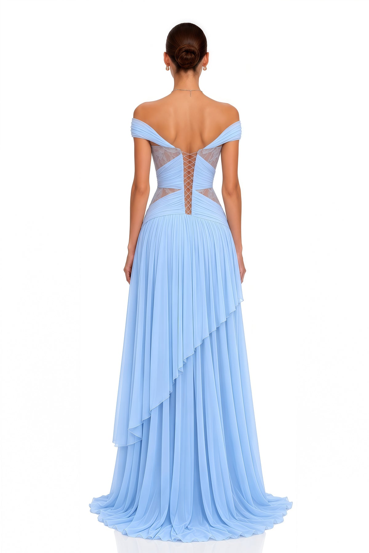 Evangeline Blue Lace Off-Shoulder Ruffled Maxi Dress