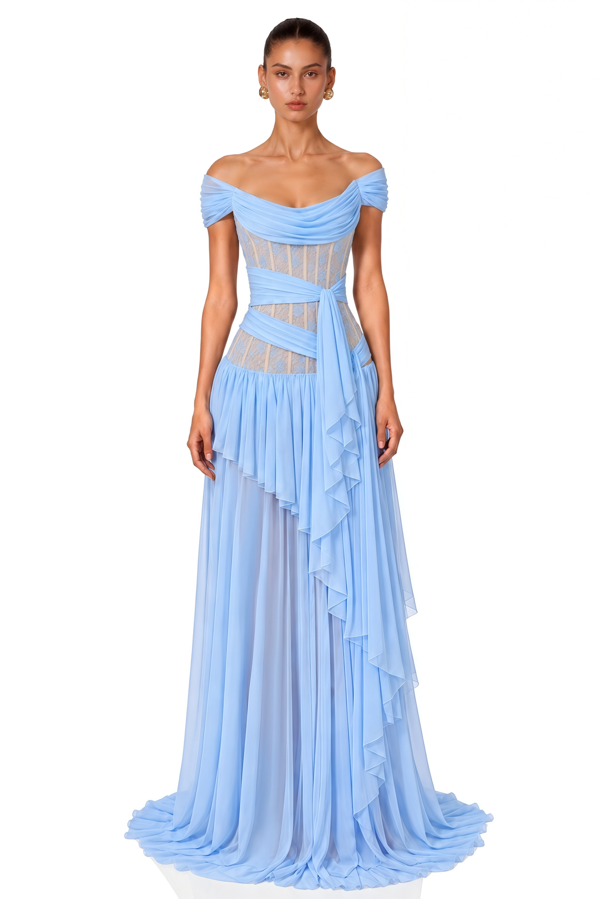 Evangeline Blue Lace Off-Shoulder Ruffled Maxi Dress