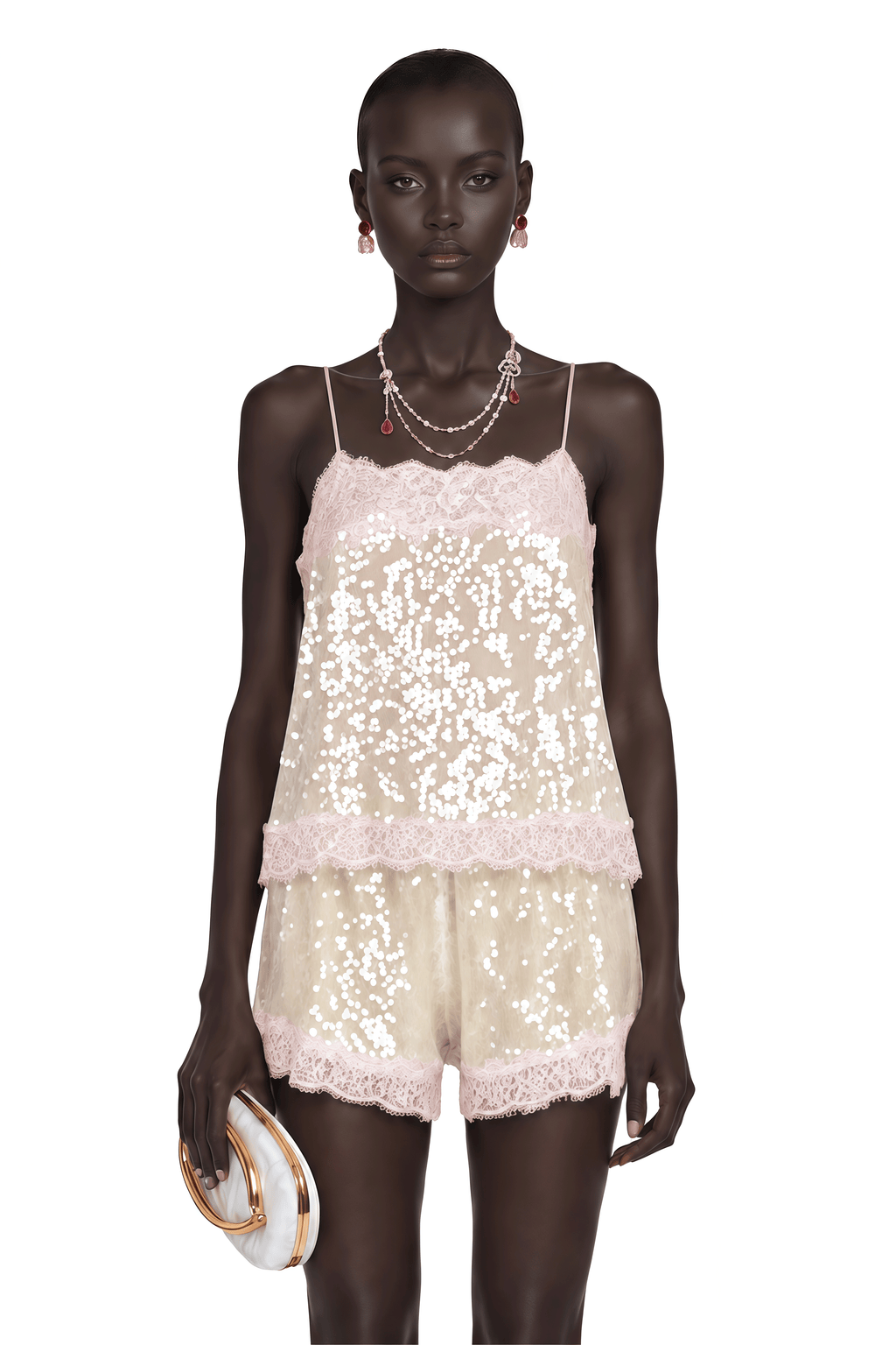 Fiona Neutral Sequin Top & Shorts Set with Lace Trim