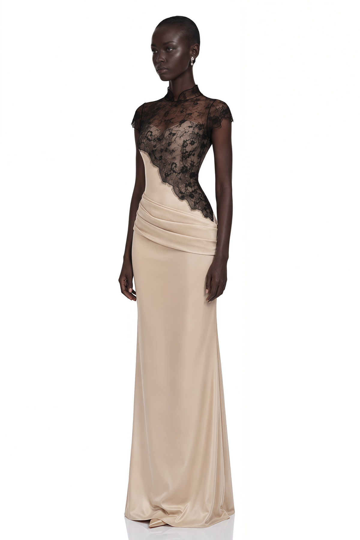 Francesca Neutral Ruched Maxi Dress & Lace Cape Set