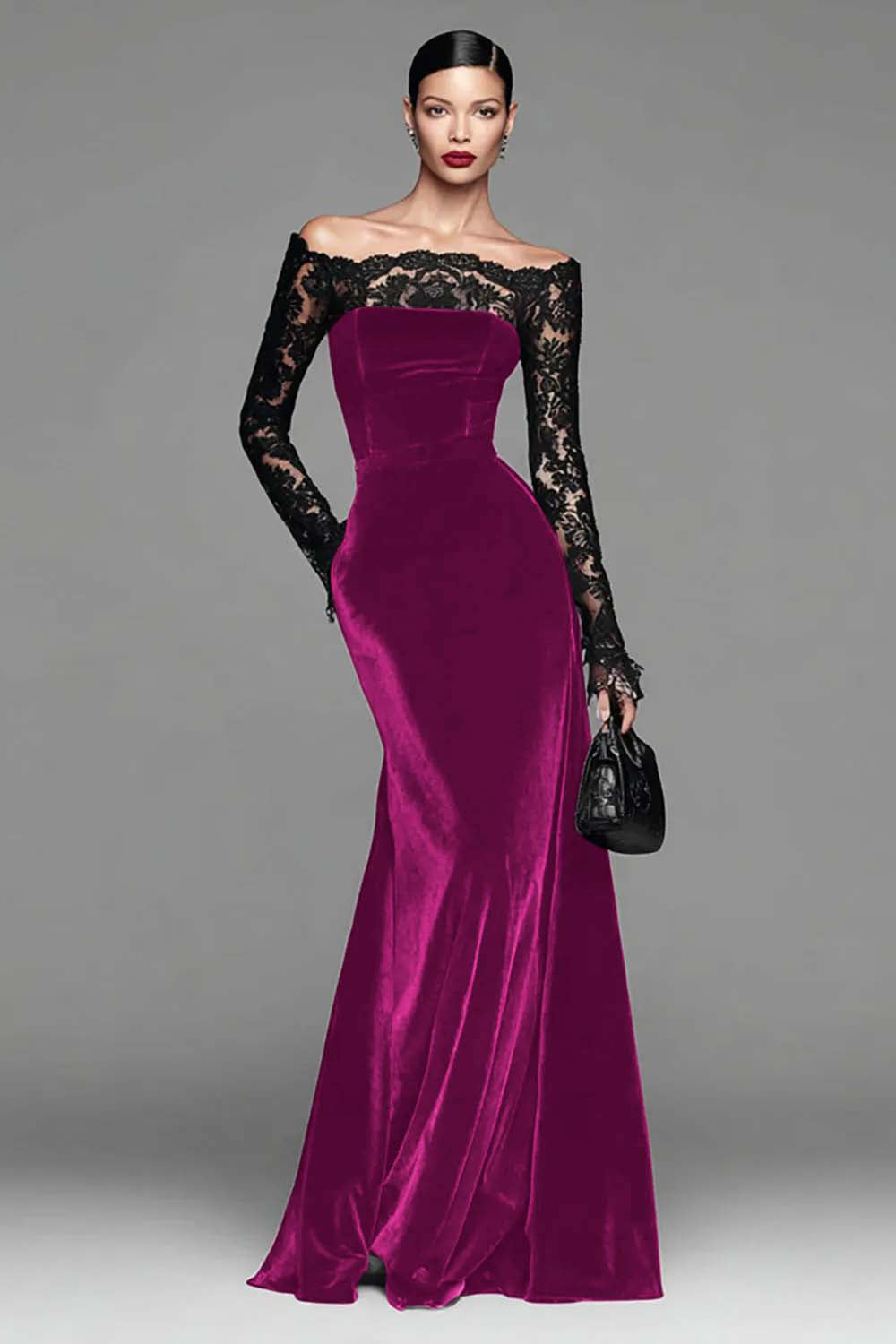 Burgundy Velvet Lace Off the Shoulder Mermaid Long Sleeves Formal Dress