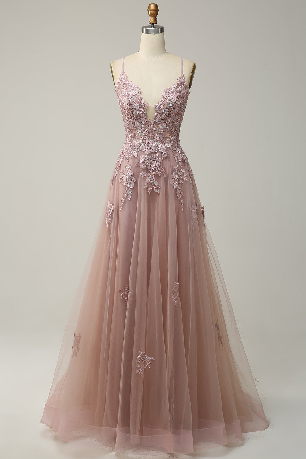Light Purple Spaghetti Straps Appliques Tulle Prom Dress