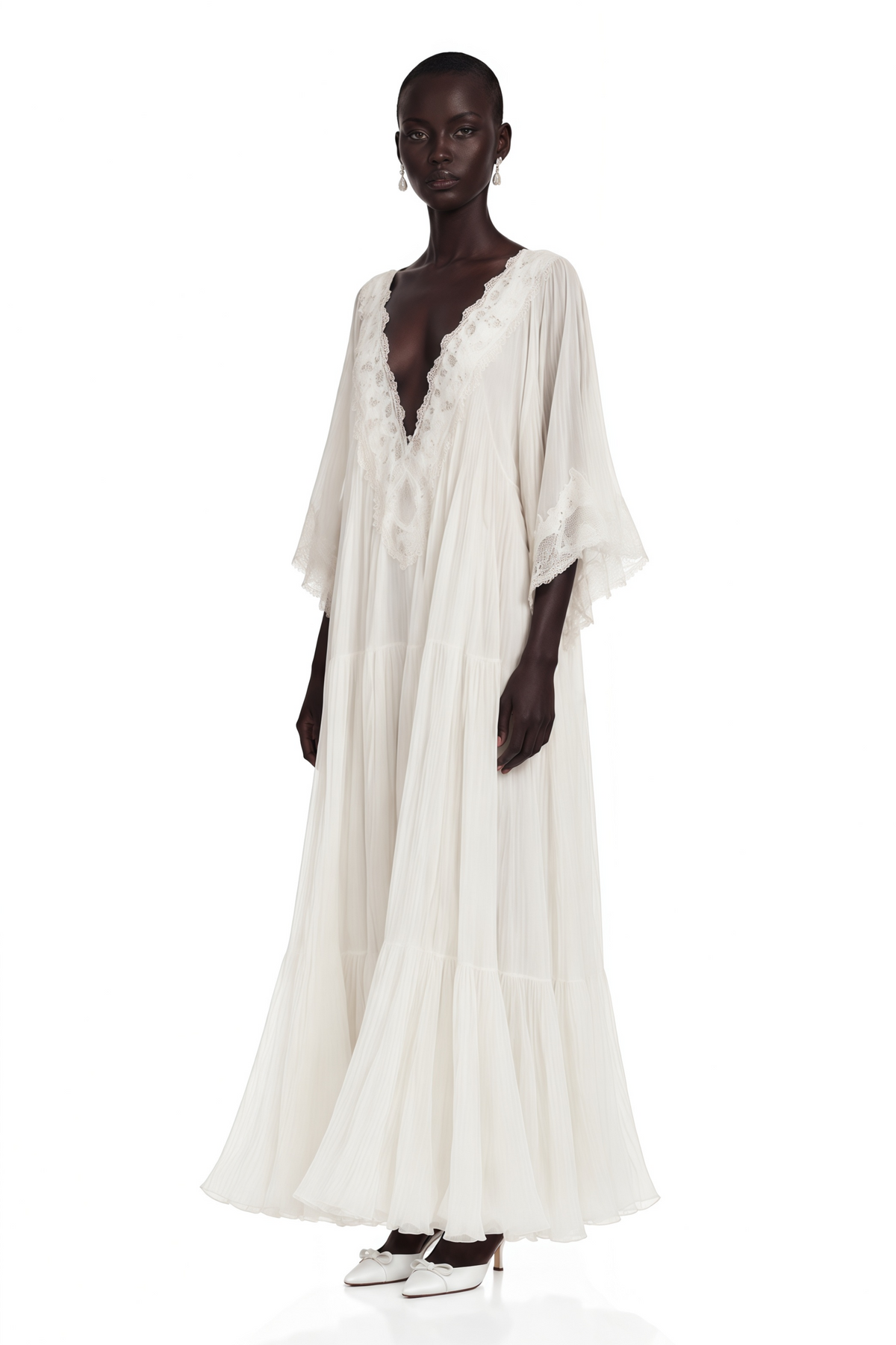 Giovanna White V-Neck Maxi Dress with Lace Trim