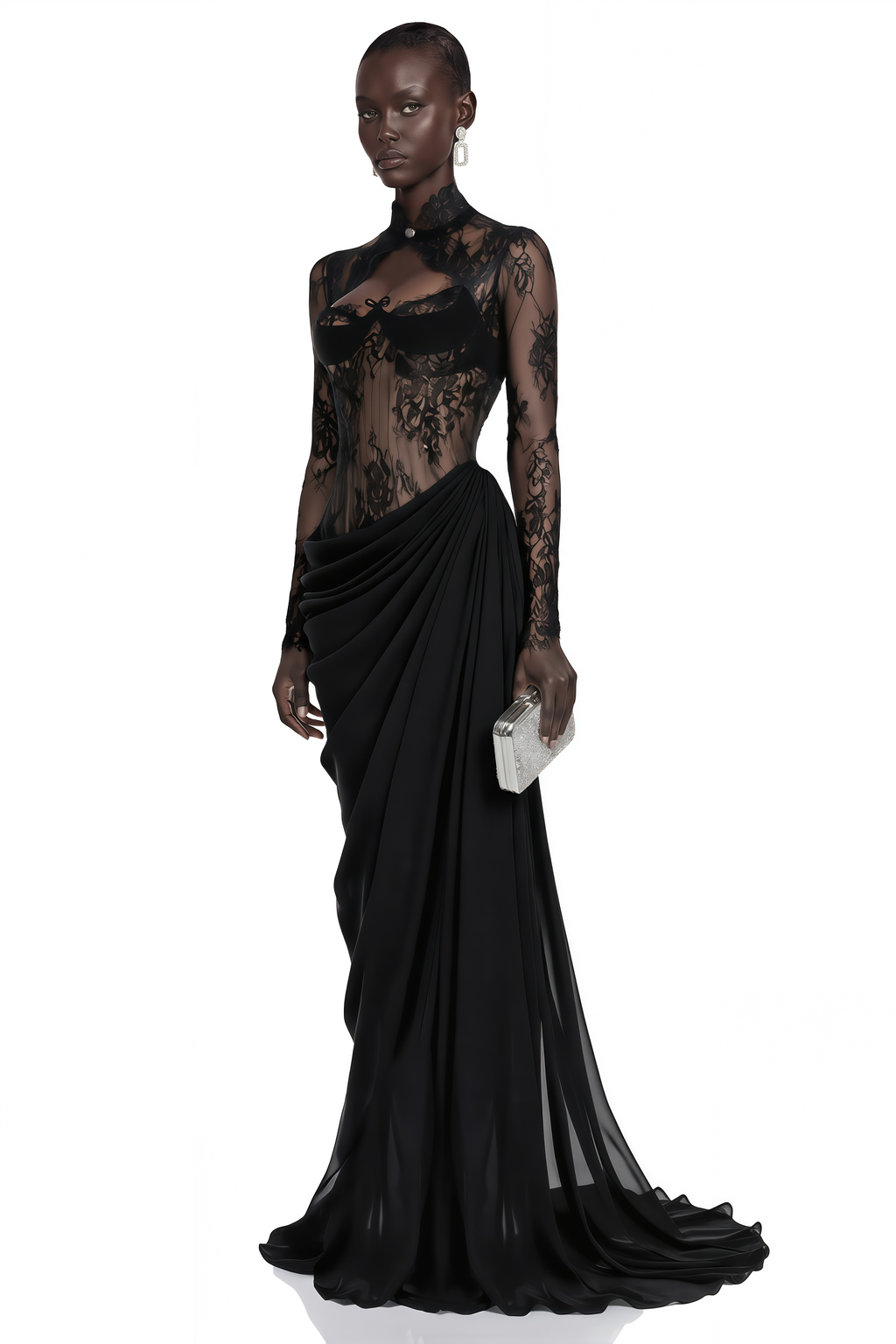 Gracie Black Ruched Maxi Dress with Lace Panels